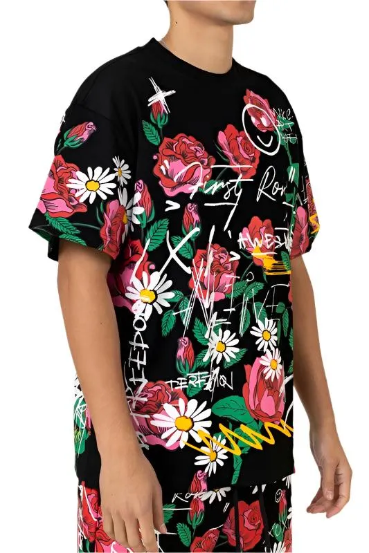 Black Allover Rose Bloom Print Tee Shirt