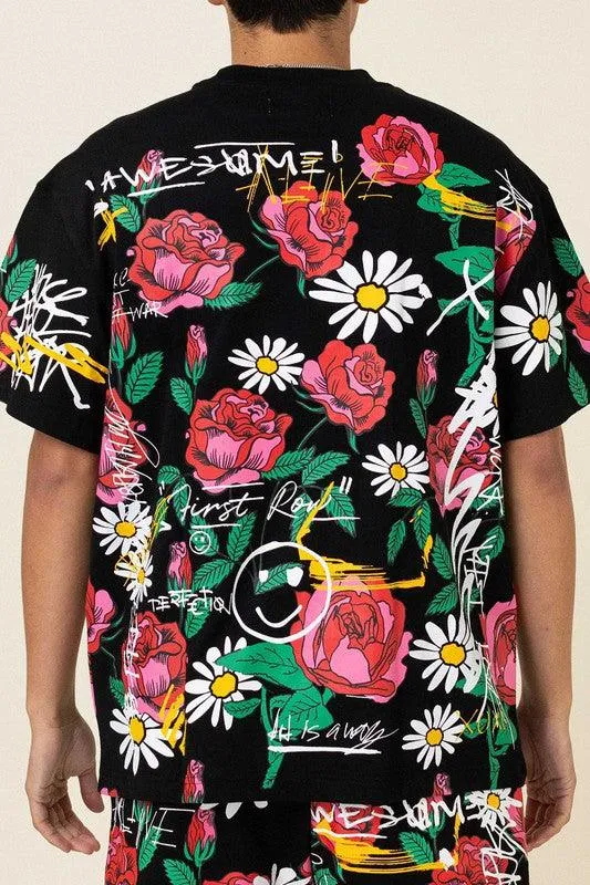 Black Allover Rose Bloom Print Tee Shirt