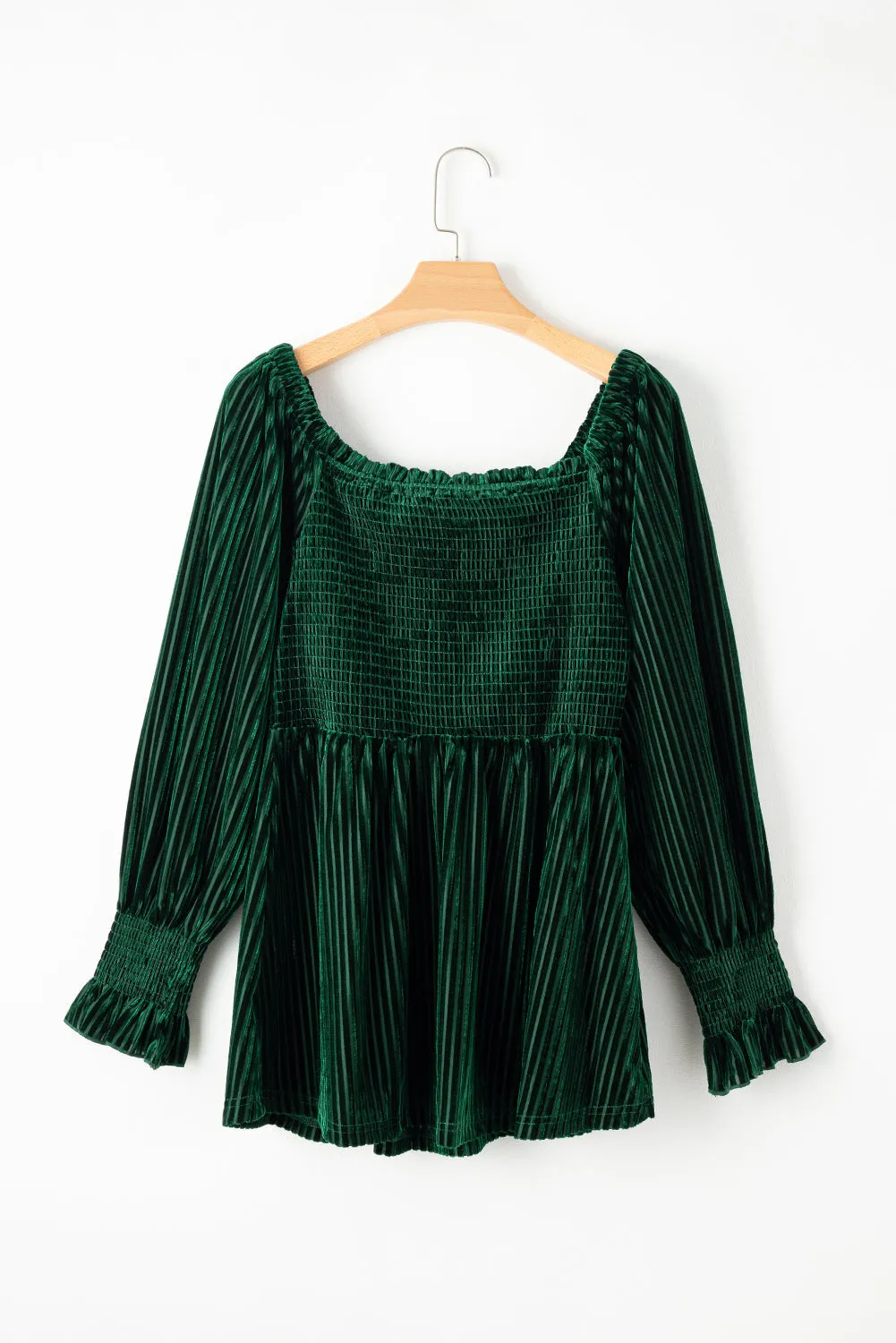 Blackish Green Velvet Smocked Babydoll Blouse
