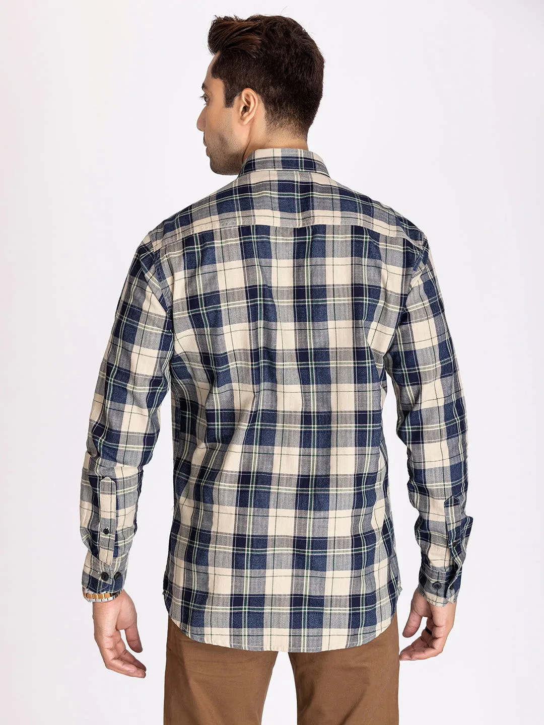 Blue cream plaid shirt.
