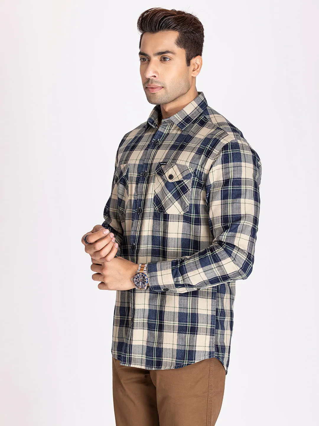 Blue cream plaid shirt.