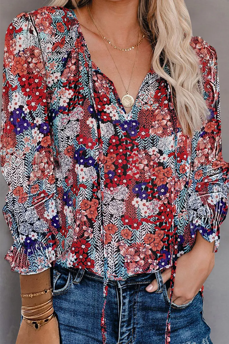 Casual Elegant Print Patchwork Frenulum V Neck Tops(7 Colors)