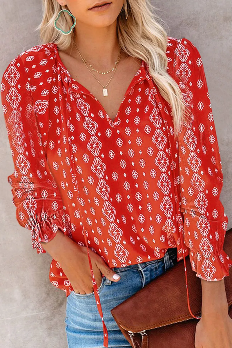 Casual Elegant Print Patchwork Frenulum V Neck Tops(7 Colors)