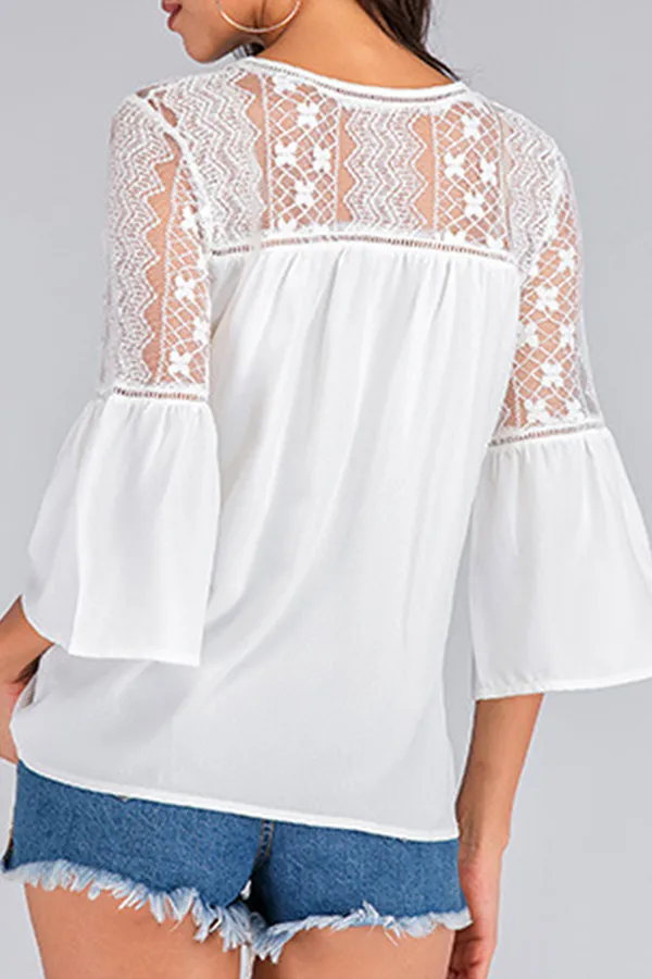 Casual Elegant Solid Lace Ripped Buckle O Neck Tops