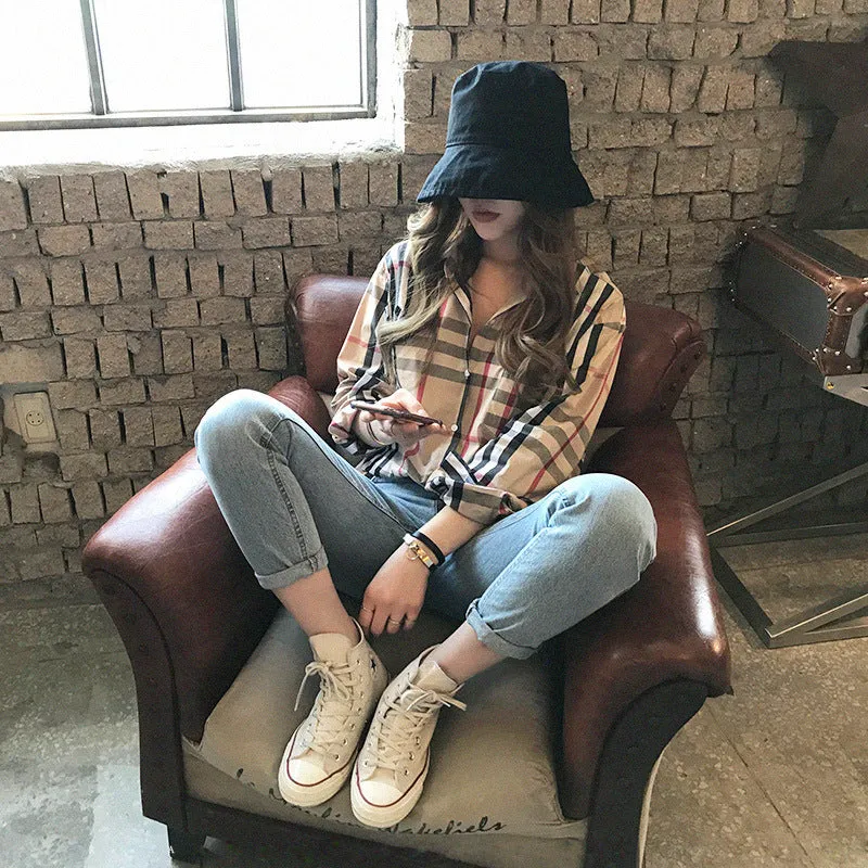Classic Chequered Blouse Korean Loose All-Matching Vintage Hong Kong Long Sleeved Shirt Women Blouse