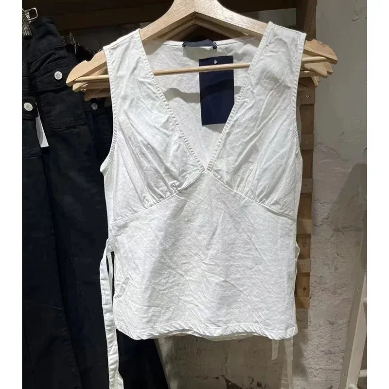 Dermearne 2 Women White Deep V Neck Tanks 2024 Summer Ladies Soft Sexy Cotton Slim Tank Tops Female Vintage Solid Sweet Vest