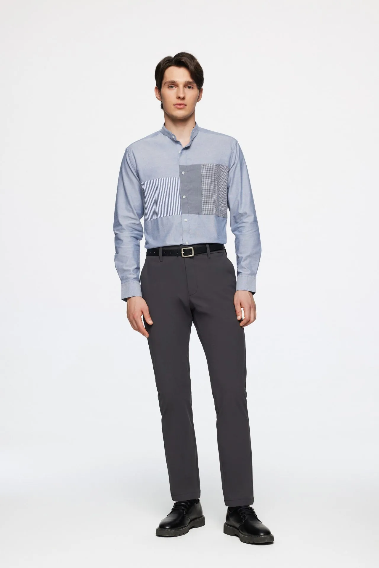 Easy Care Stand Collar Blocking Oxford Casual Shirt