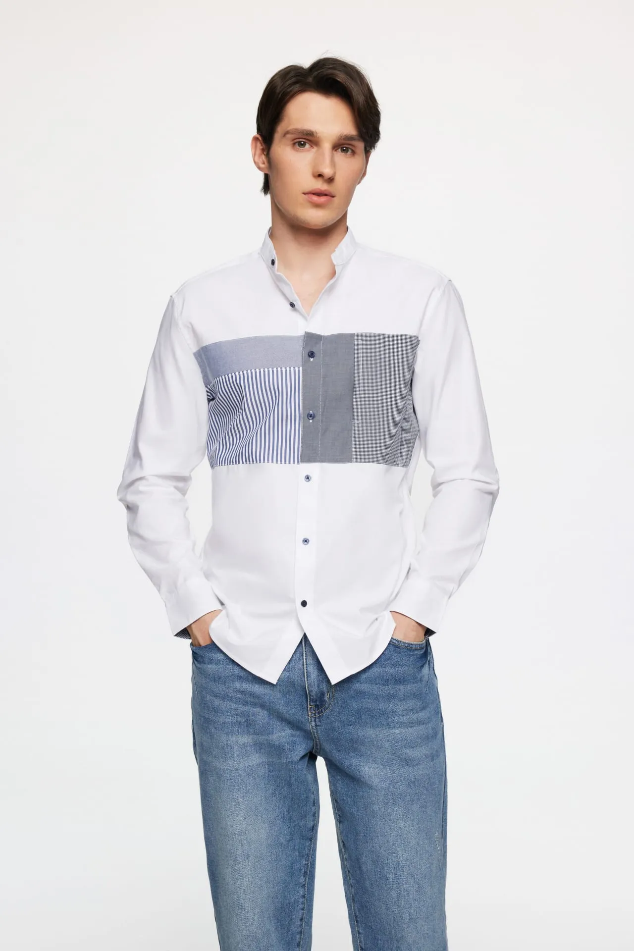 Easy Care Stand Collar Blocking Oxford Casual Shirt