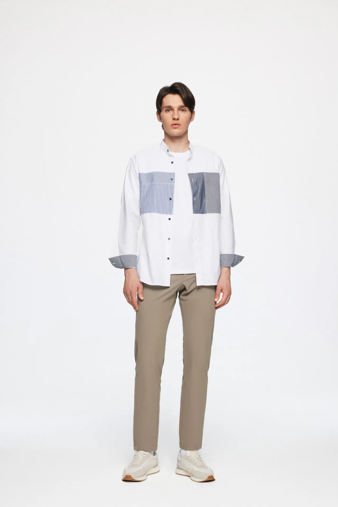 Easy Care Stand Collar Blocking Oxford Casual Shirt
