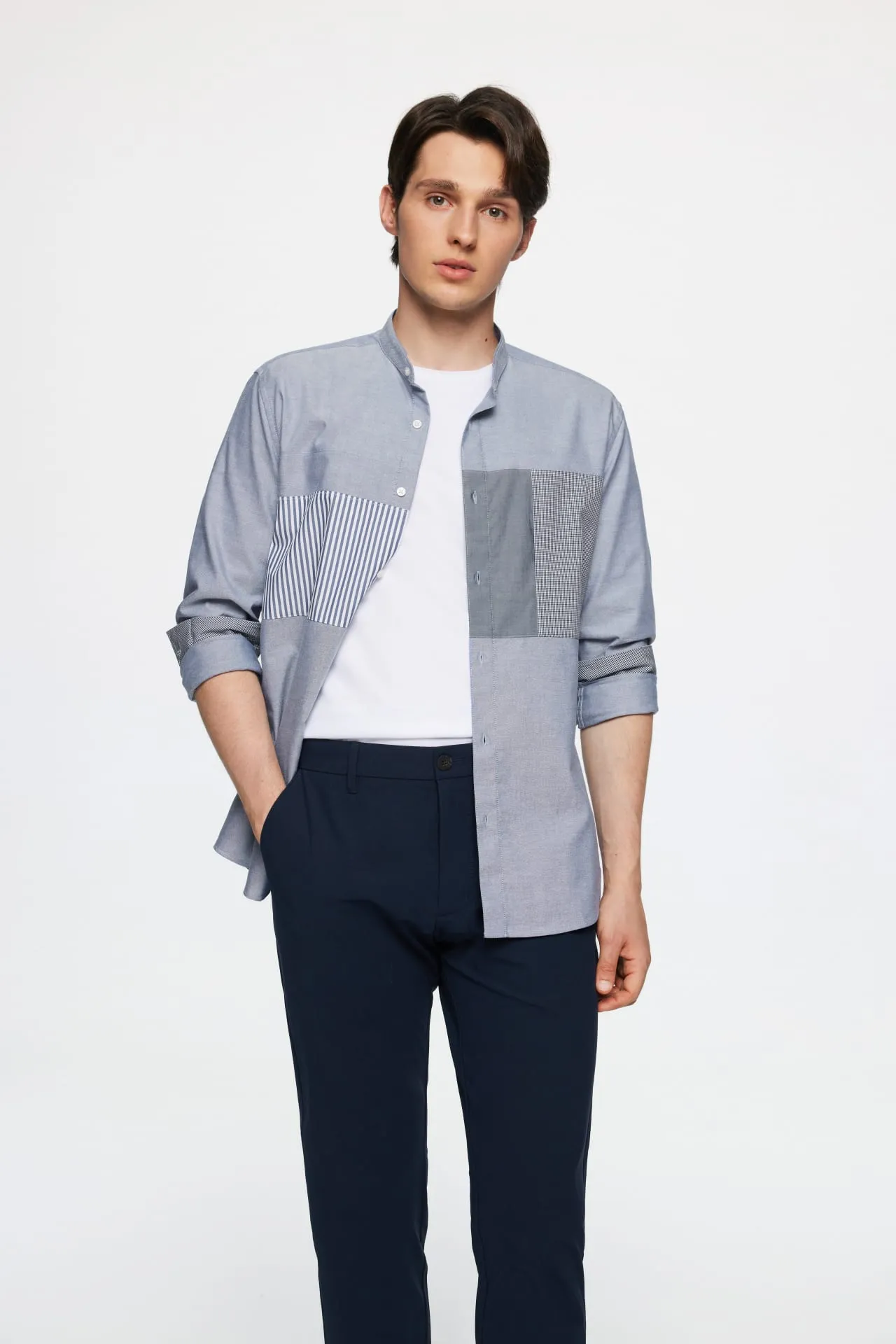 Easy Care Stand Collar Blocking Oxford Casual Shirt