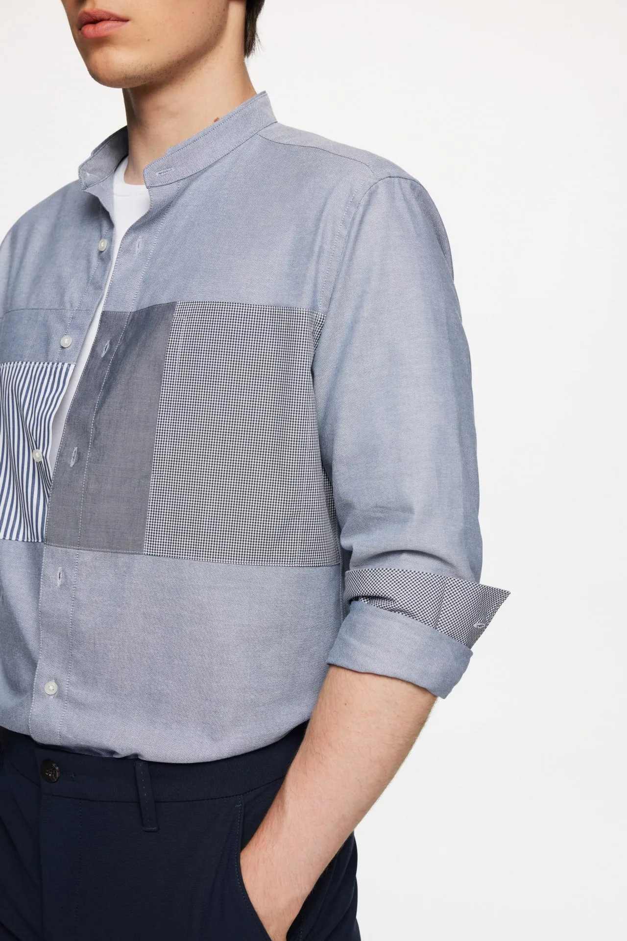 Easy Care Stand Collar Blocking Oxford Casual Shirt