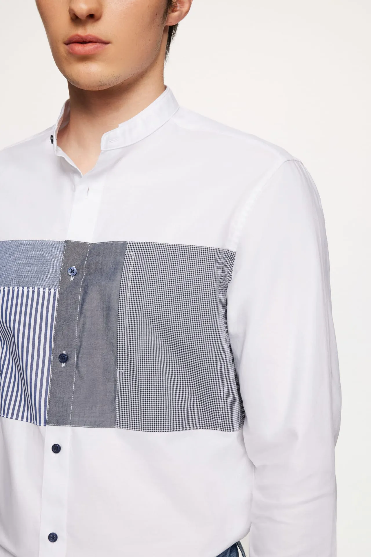 Easy Care Stand Collar Blocking Oxford Casual Shirt