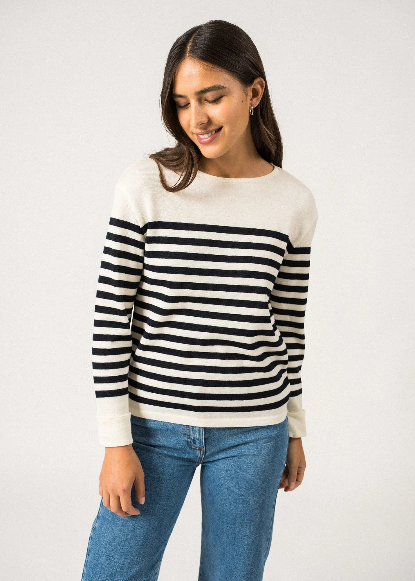 Ecrins Striped Jumper - in soft wool (ECUME/NAVY)