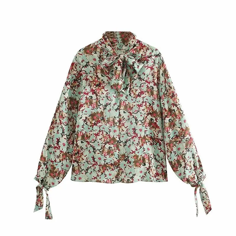 Elegant Bow Tie Women Floral Print Tops Autumn