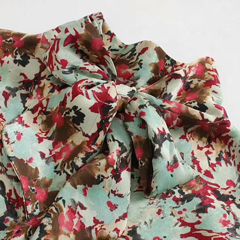 Elegant Bow Tie Women Floral Print Tops Autumn
