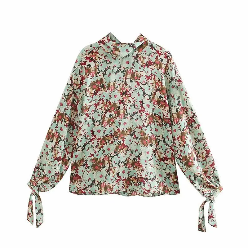 Elegant Bow Tie Women Floral Print Tops Autumn