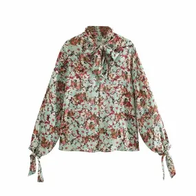 Elegant Bow Tie Women Floral Print Tops Autumn