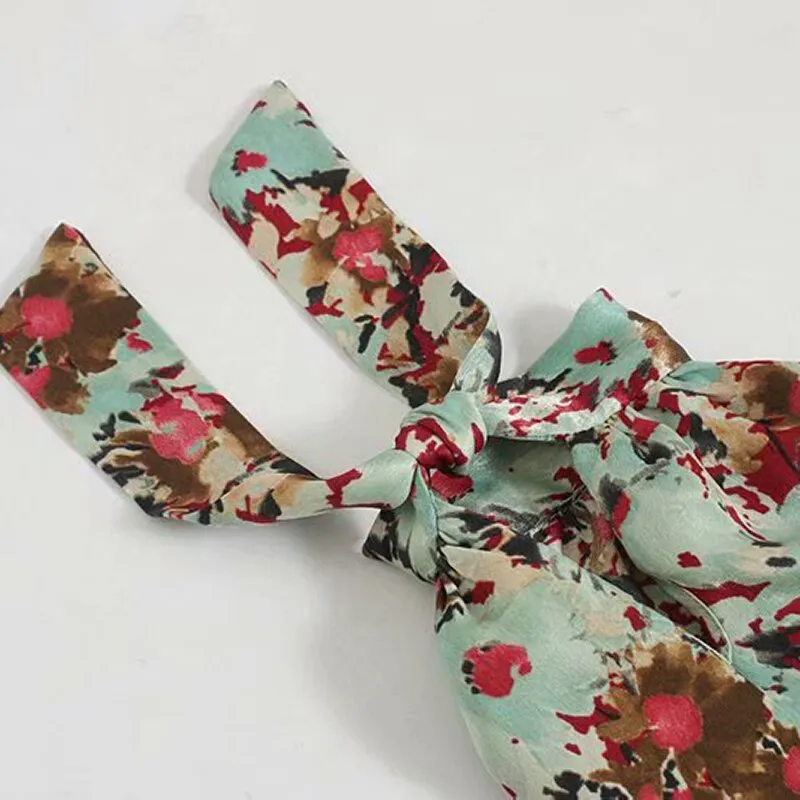 Elegant Bow Tie Women Floral Print Tops Autumn