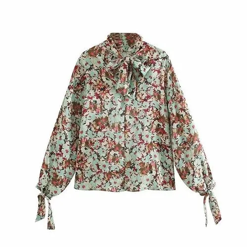 Elegant Bow Tie Women Floral Print Tops Autumn