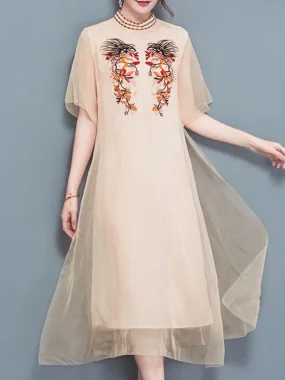 Elegant Embroidery Stand Collar Chiffon Dress
