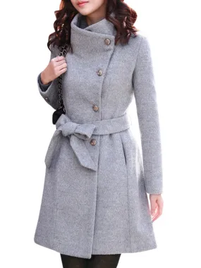 Elegant Women Pure Color Stand Collar Breasted Coats