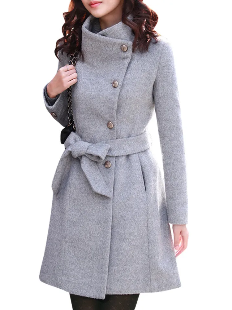 Elegant Women Pure Color Stand Collar Breasted Coats