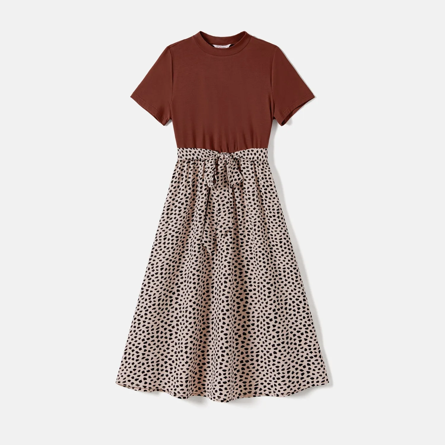 Family Matching Leopard Print Splice Brown Dresses And 94% Cotton Short-sleeve T-shirts Sets
