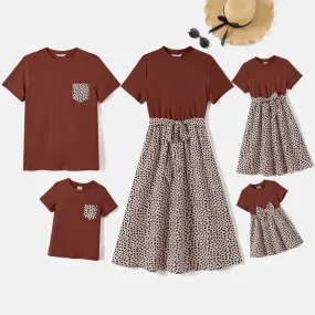 Family Matching Leopard Print Splice Brown Dresses And 94% Cotton Short-sleeve T-shirts Sets