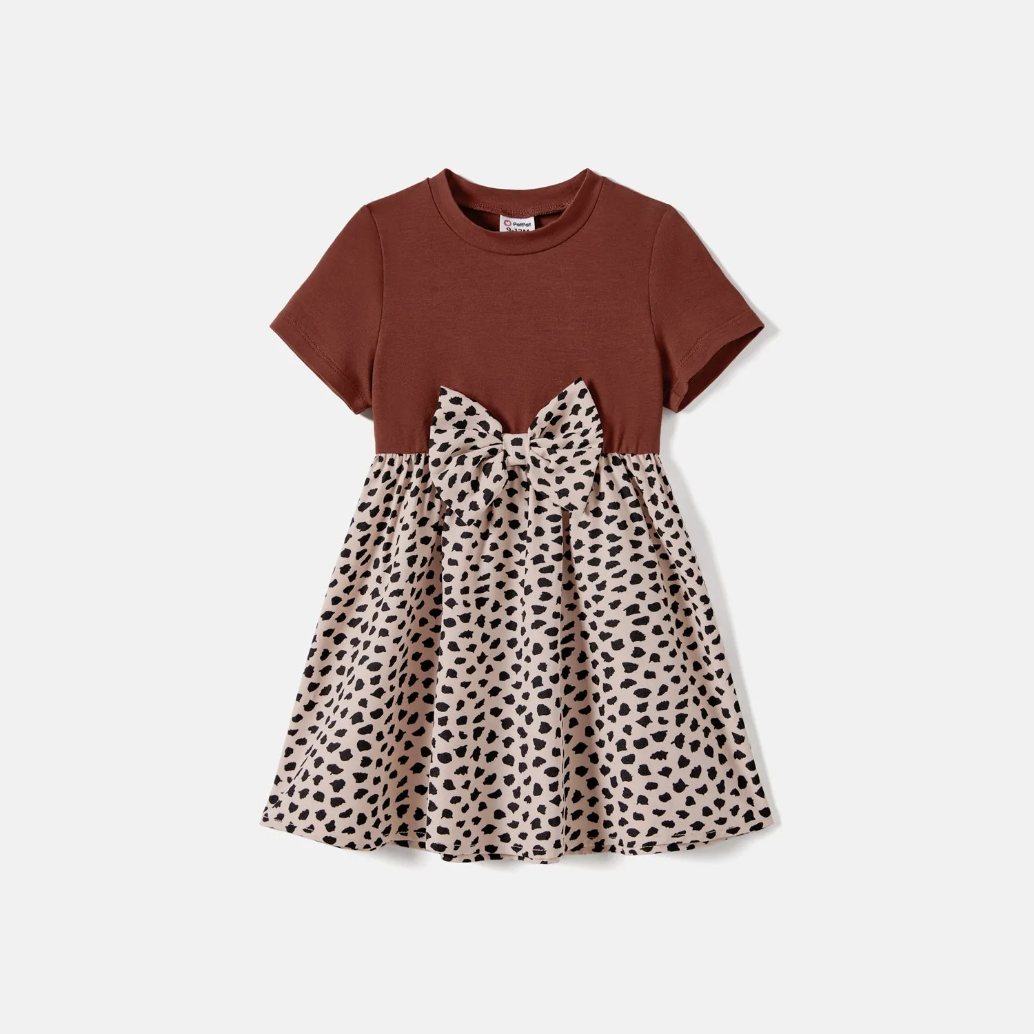Family Matching Leopard Print Splice Brown Dresses And 94% Cotton Short-sleeve T-shirts Sets