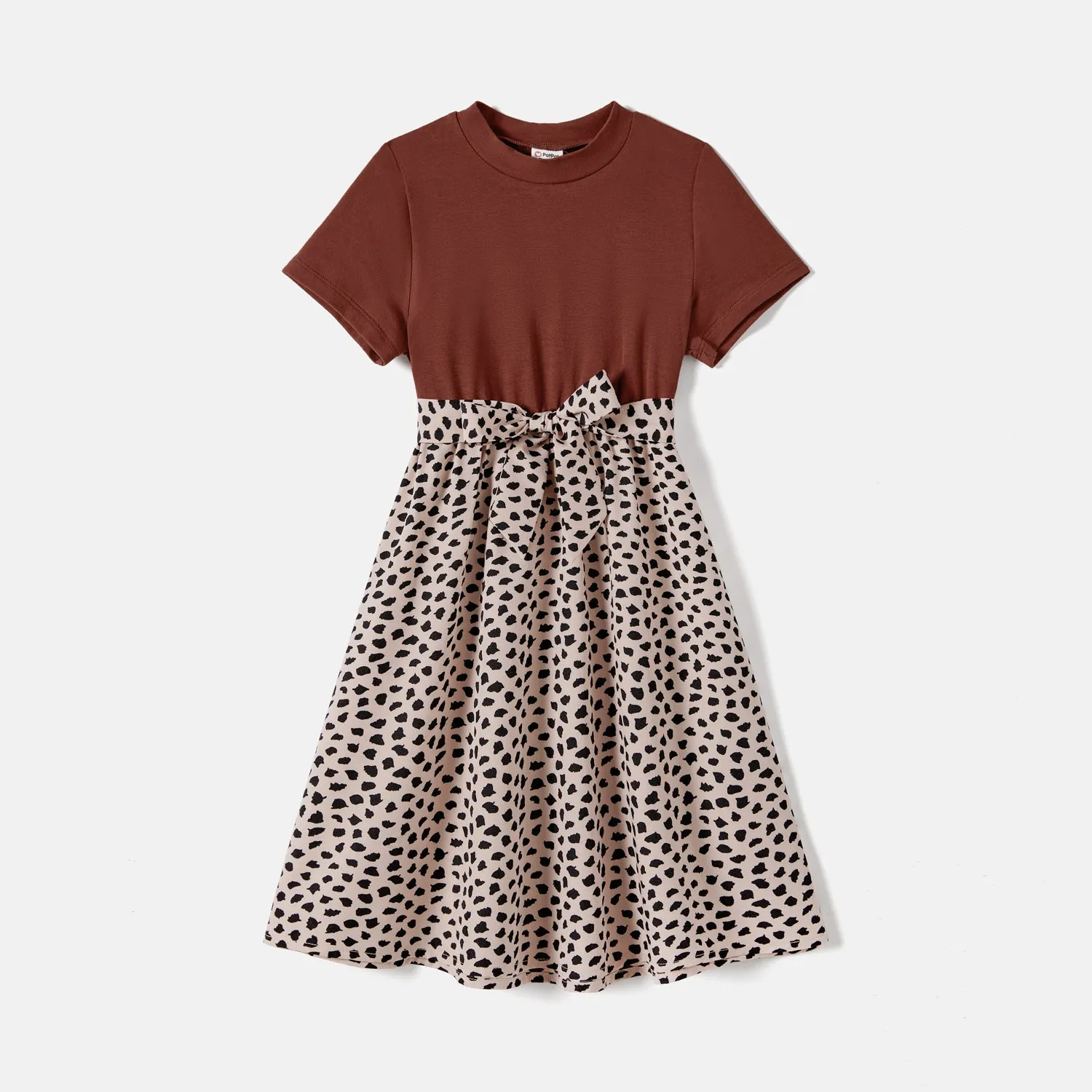 Family Matching Leopard Print Splice Brown Dresses And 94% Cotton Short-sleeve T-shirts Sets