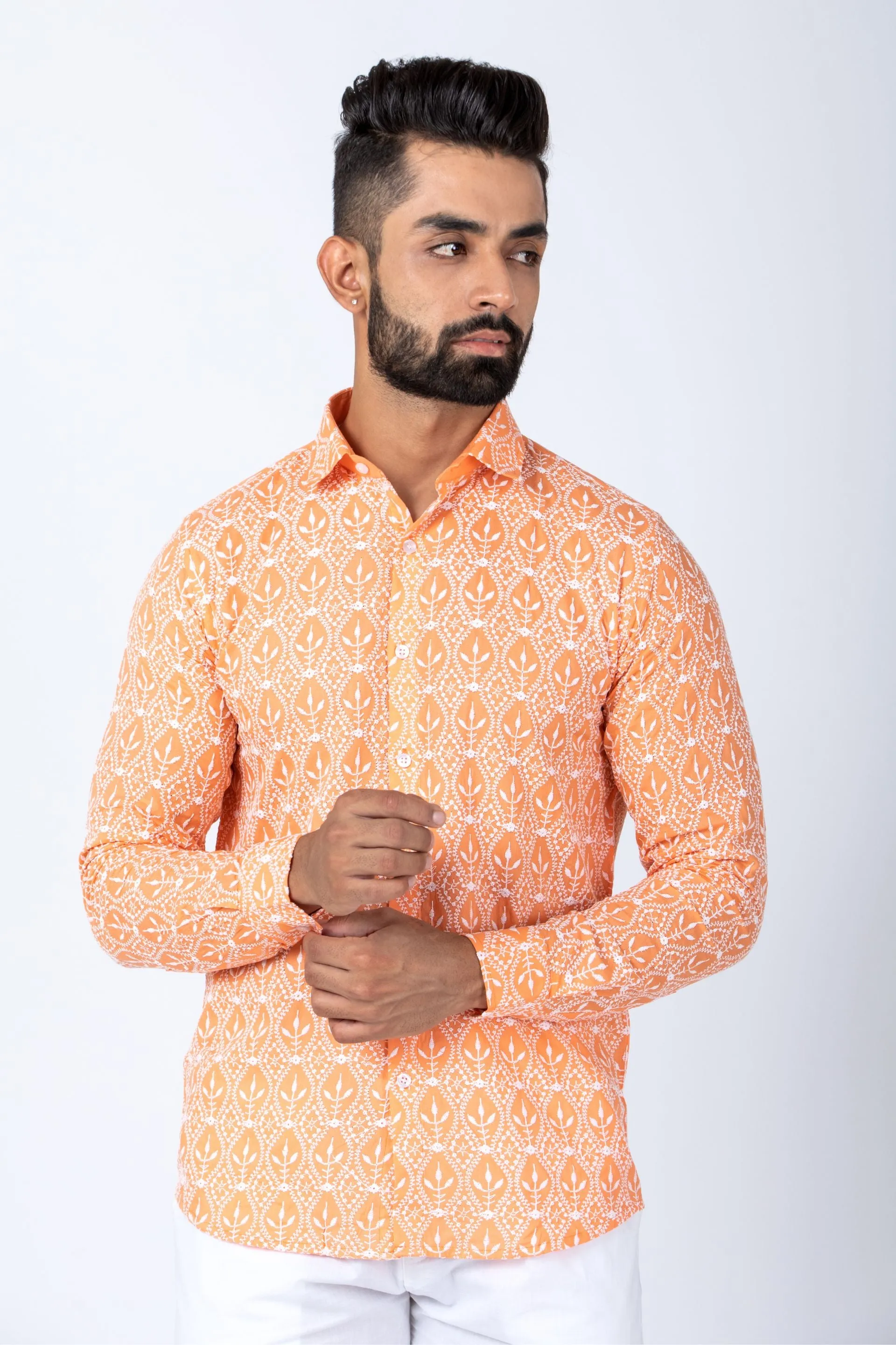 Firangi Yarn Super Soft Full Sleeves Chikankari Schiffli Embroided Men's Shirt - Naarangi Orange