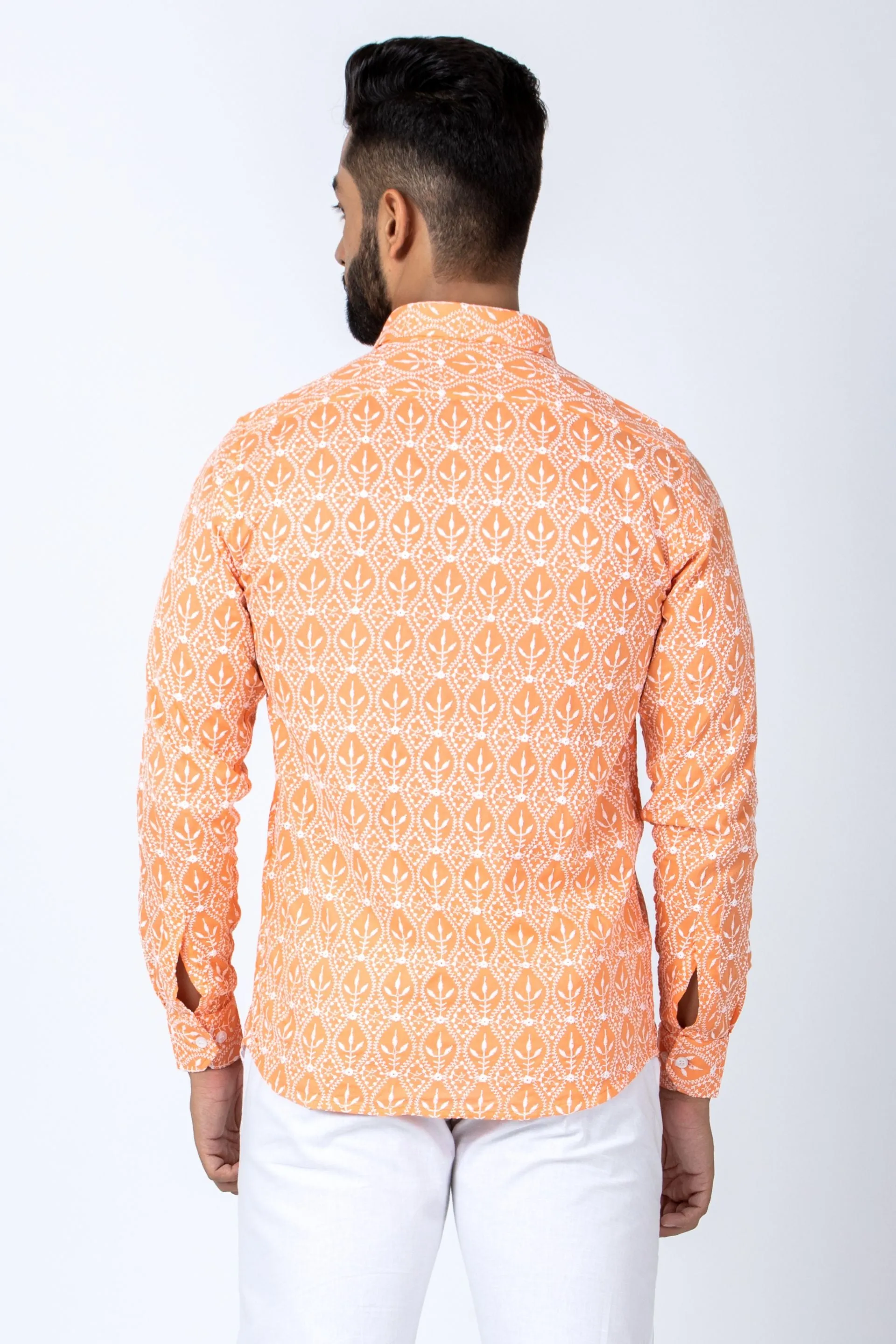 Firangi Yarn Super Soft Full Sleeves Chikankari Schiffli Embroided Men's Shirt - Naarangi Orange