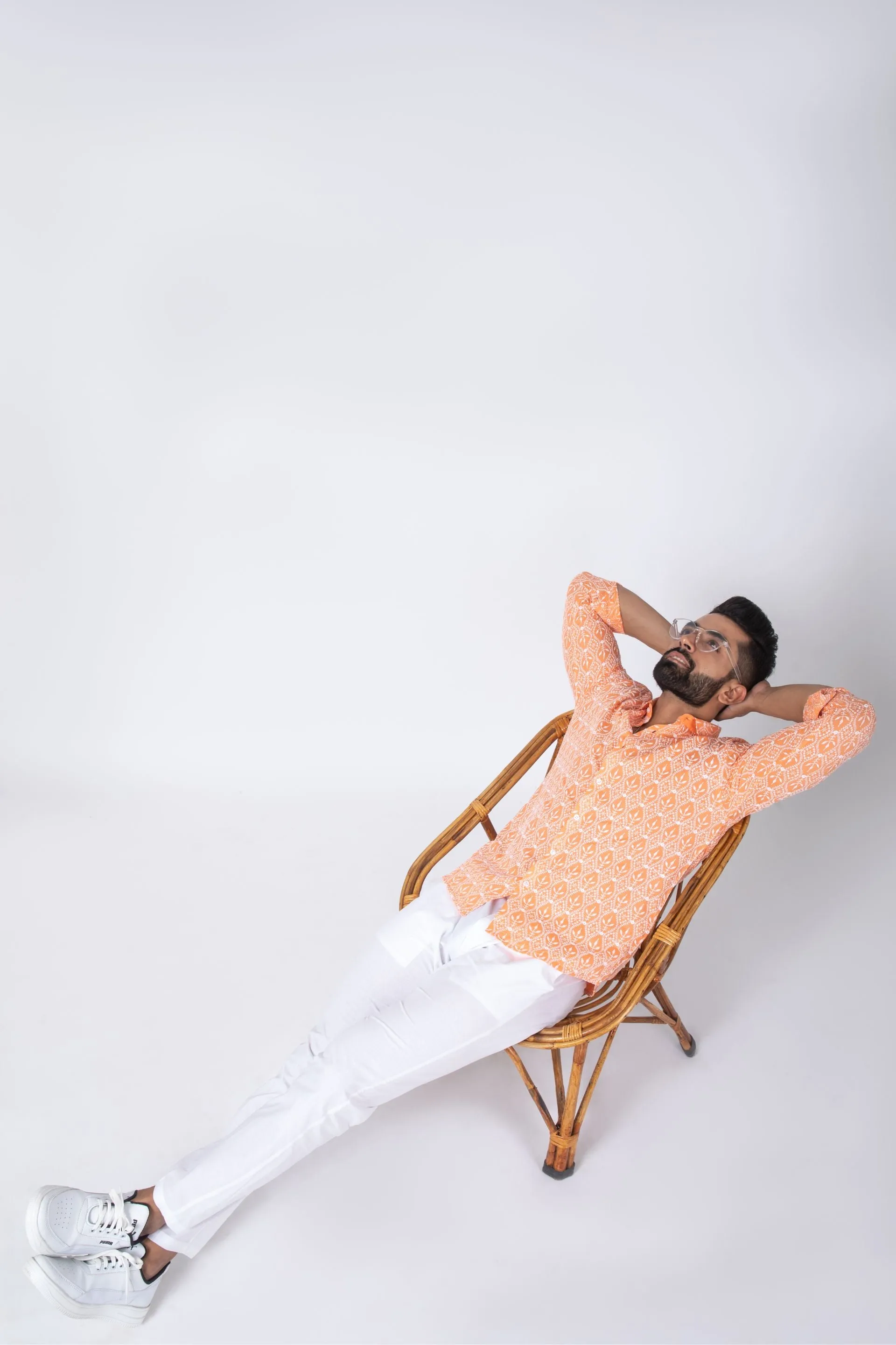 Firangi Yarn Super Soft Full Sleeves Chikankari Schiffli Embroided Men's Shirt - Naarangi Orange