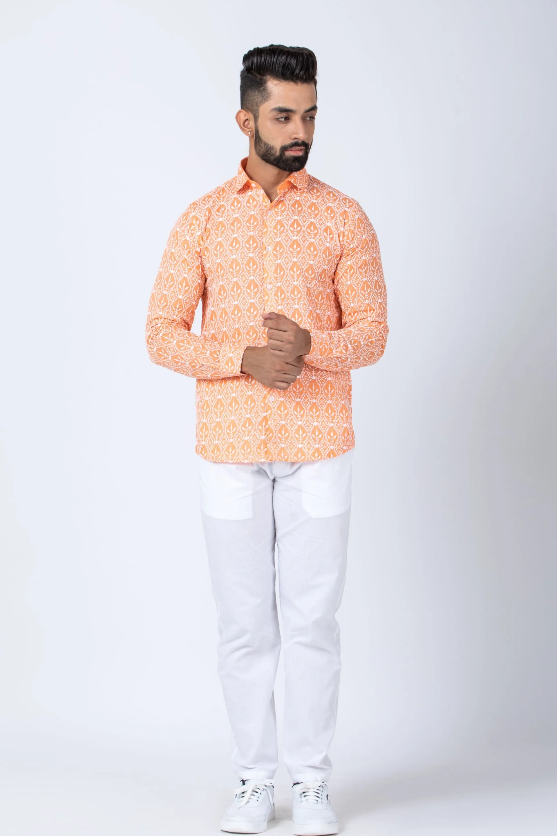 Firangi Yarn Super Soft Full Sleeves Chikankari Schiffli Embroided Men's Shirt - Naarangi Orange