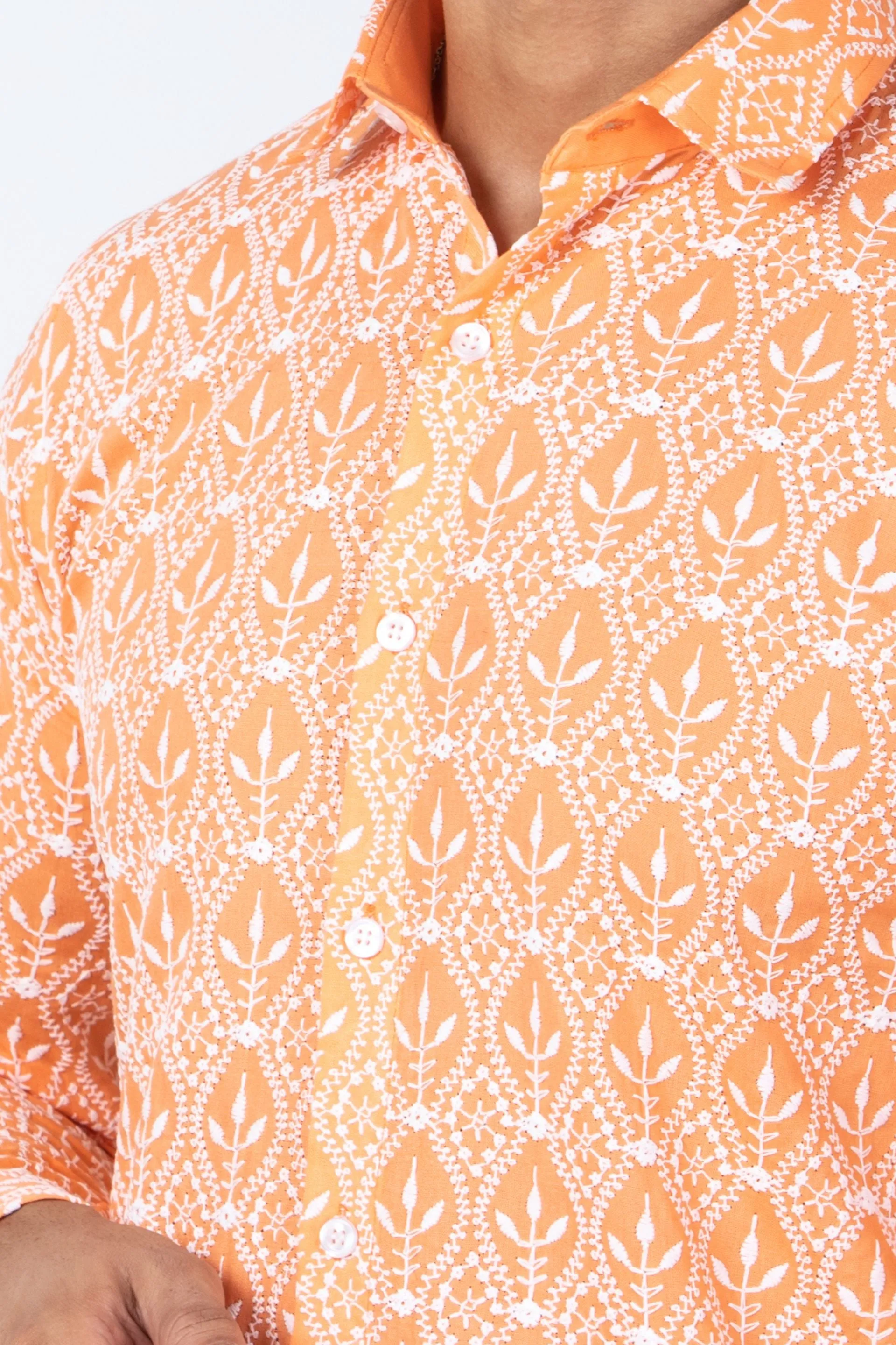 Firangi Yarn Super Soft Full Sleeves Chikankari Schiffli Embroided Men's Shirt - Naarangi Orange