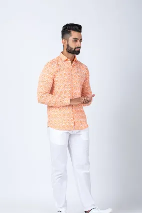 Firangi Yarn Super Soft Full Sleeves Chikankari Schiffli Embroided Men's Shirt - Naarangi Orange