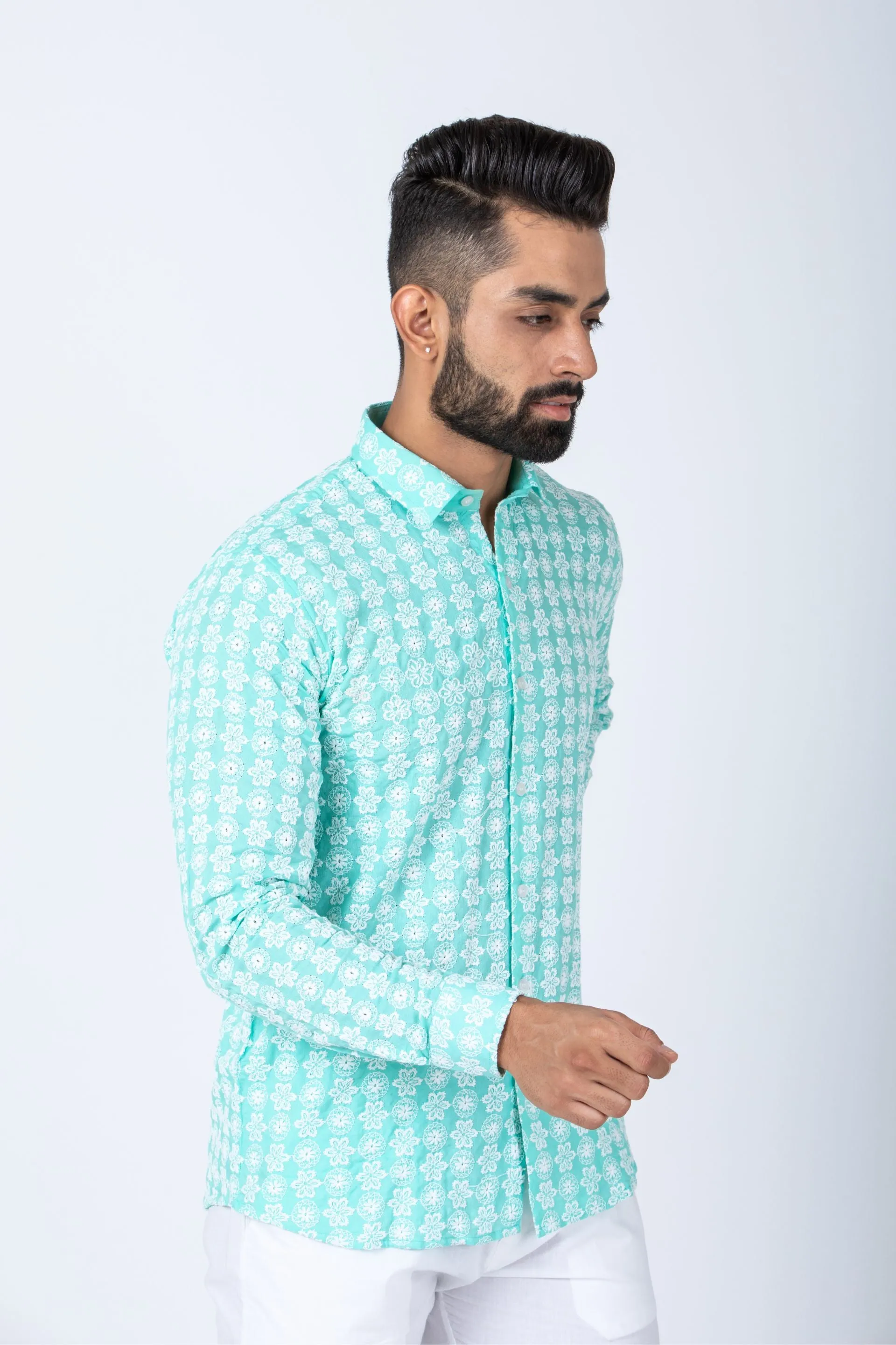 Firangi Yarn Super Soft Full Sleeves Chikankari schiffli Embroided Men's Shirt- Skyline Blues
