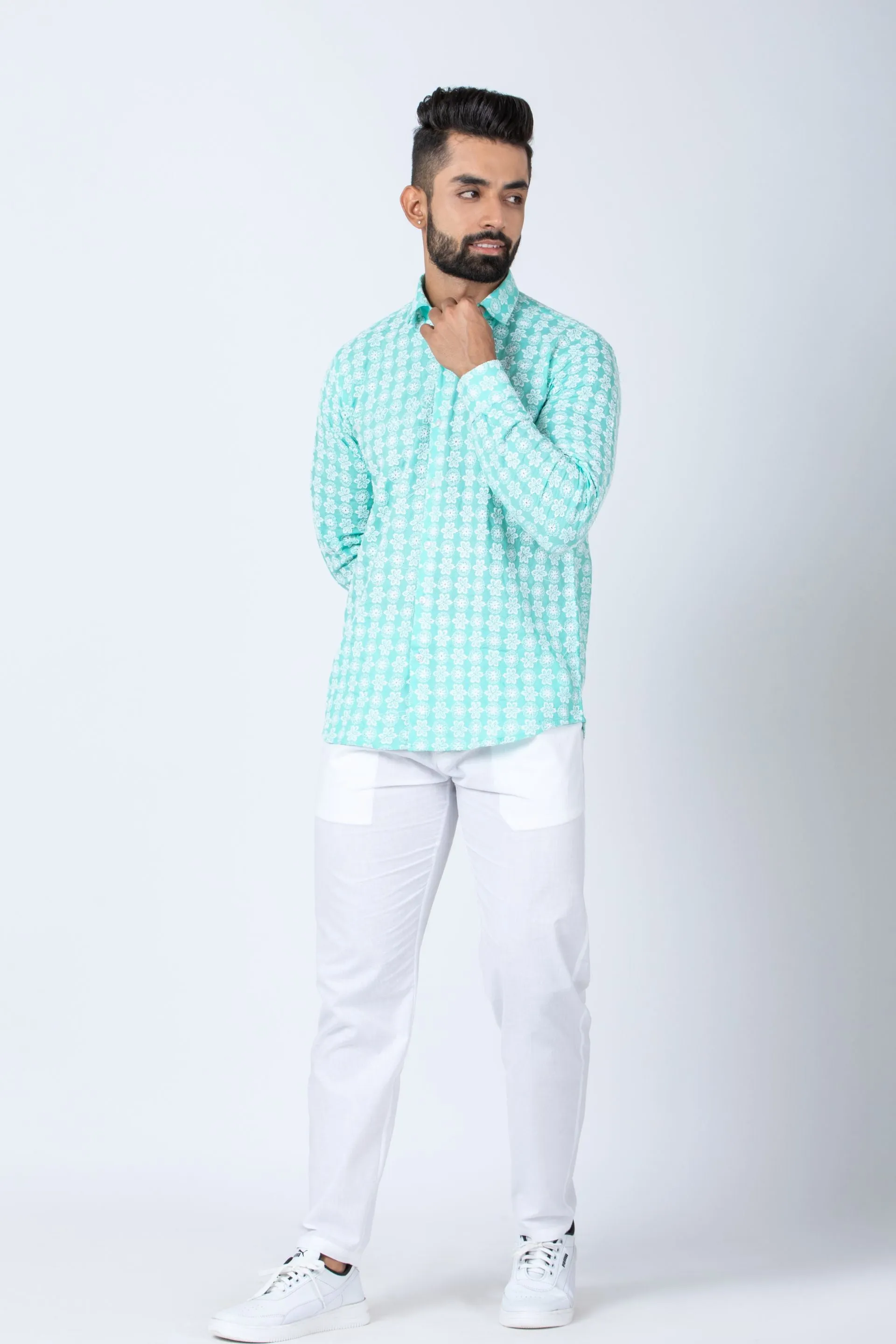 Firangi Yarn Super Soft Full Sleeves Chikankari schiffli Embroided Men's Shirt- Skyline Blues
