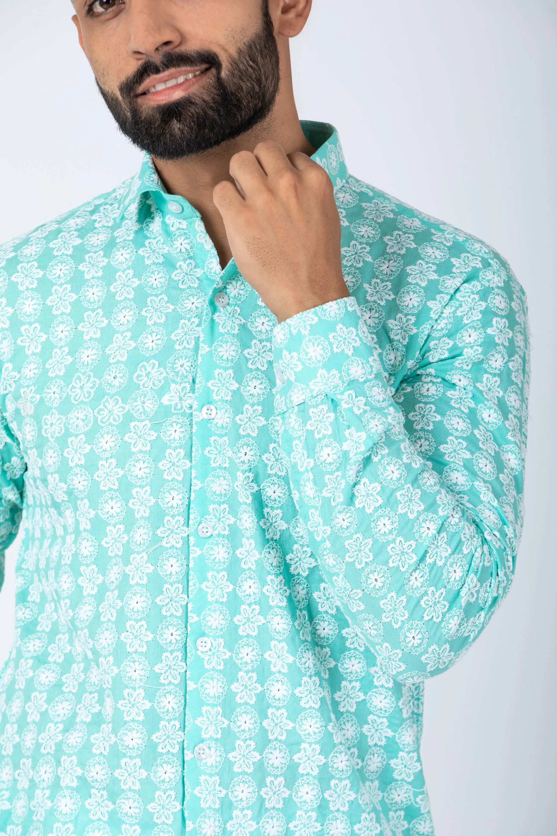 Firangi Yarn Super Soft Full Sleeves Chikankari schiffli Embroided Men's Shirt- Skyline Blues