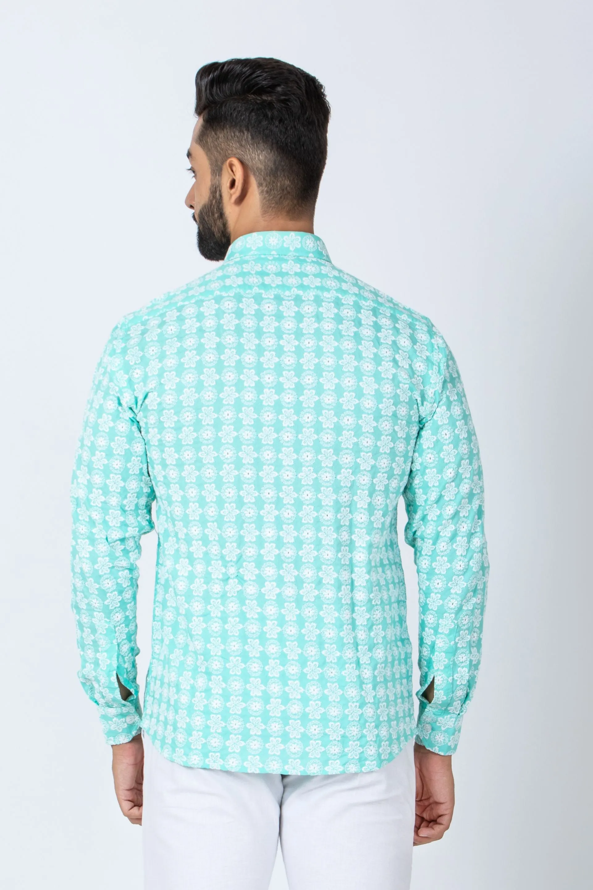 Firangi Yarn Super Soft Full Sleeves Chikankari schiffli Embroided Men's Shirt- Skyline Blues