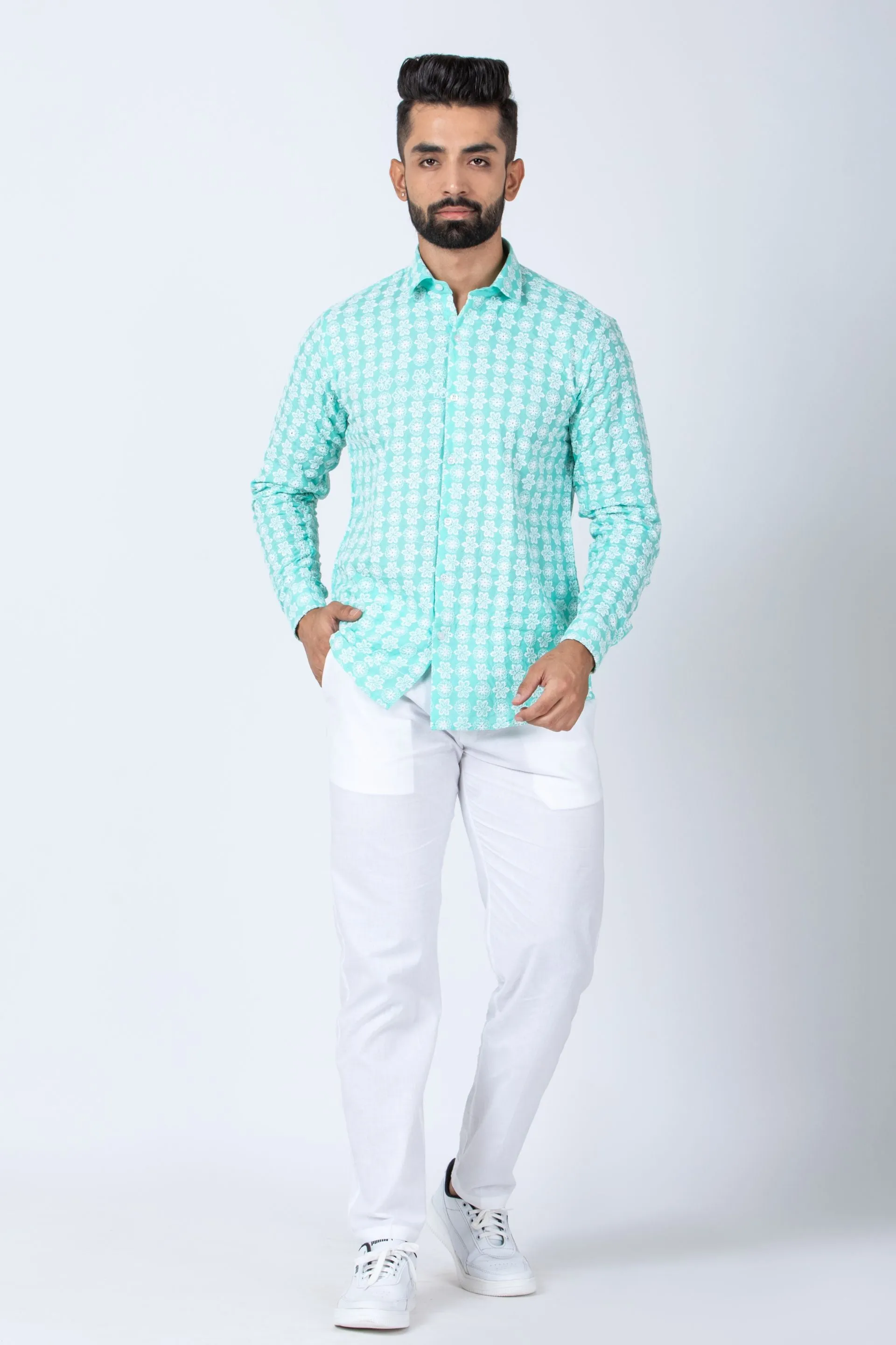 Firangi Yarn Super Soft Full Sleeves Chikankari schiffli Embroided Men's Shirt- Skyline Blues