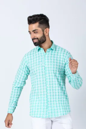 Firangi Yarn Super Soft Full Sleeves Chikankari schiffli Embroided Men's Shirt- Skyline Blues