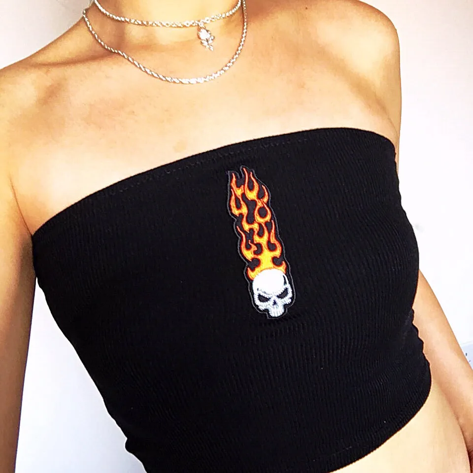 FLAME SKULL BLACK RIB STRETCHY TUBE TOP
