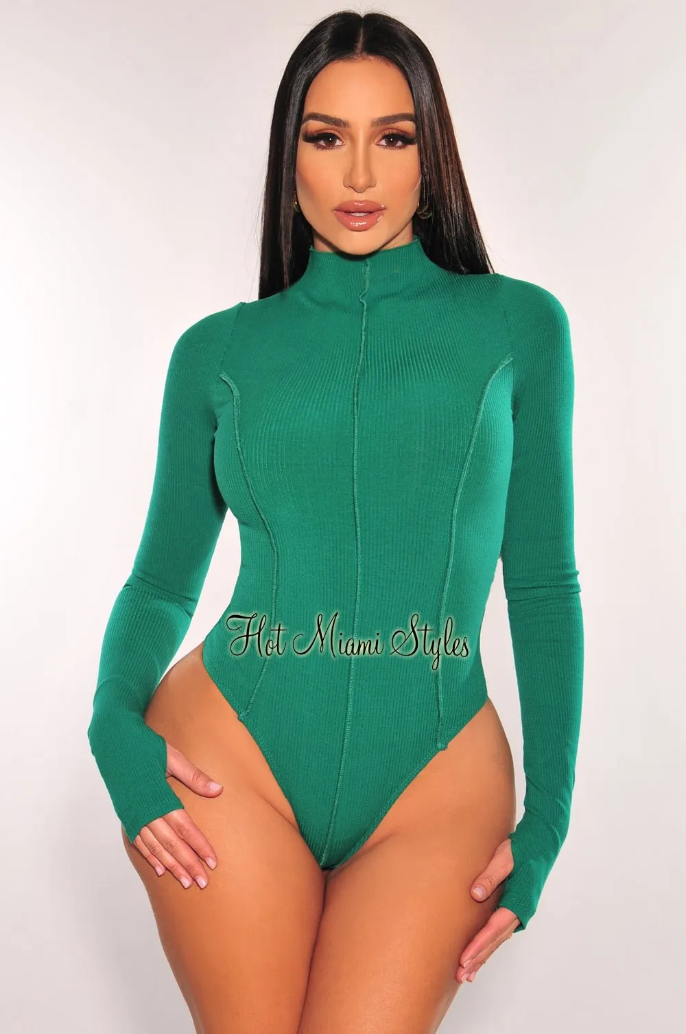 Green Ribbed Mock Neck Exposed Seams Long Sleeve Thong Bodysuit