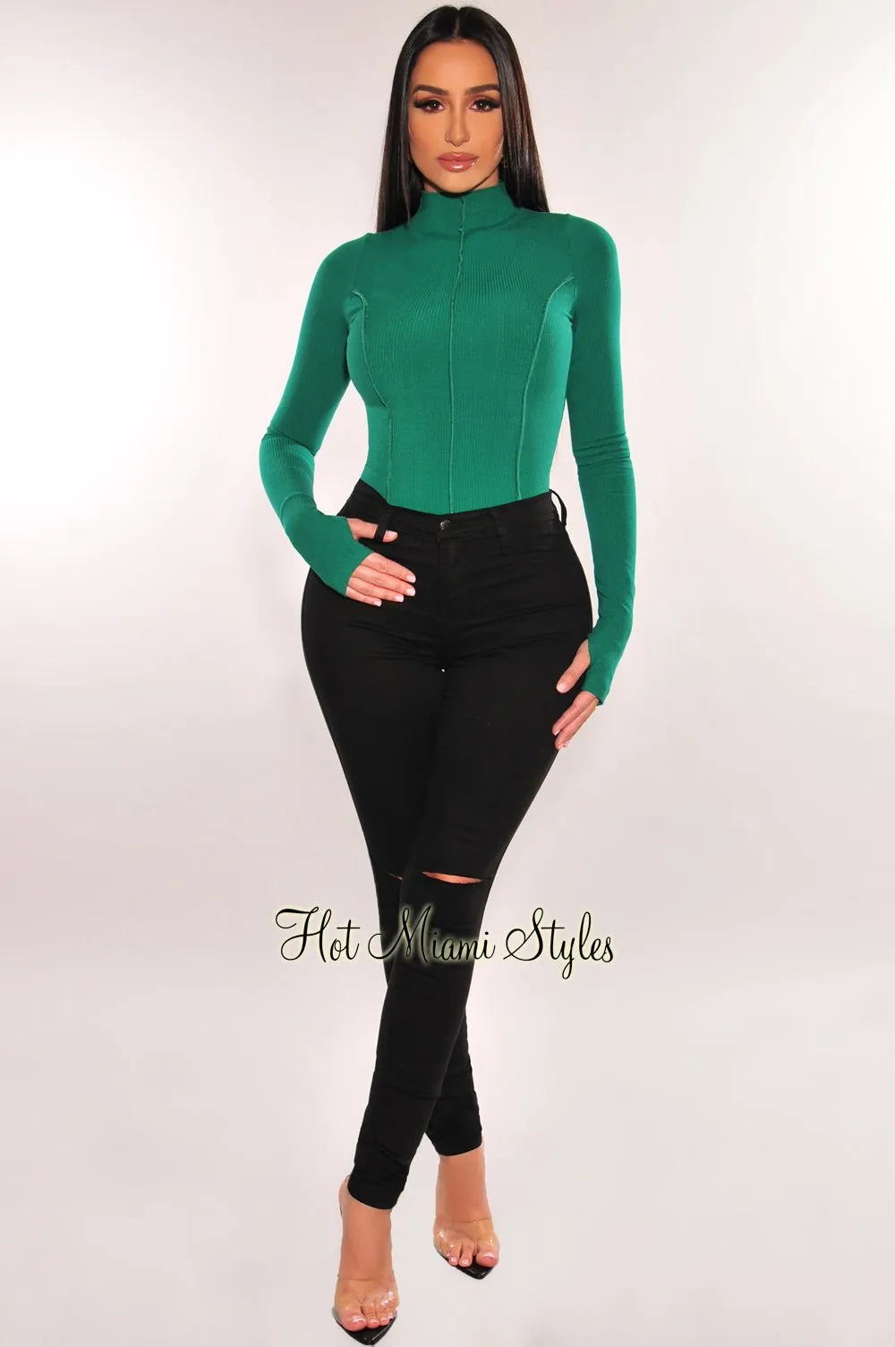 Green Ribbed Mock Neck Exposed Seams Long Sleeve Thong Bodysuit