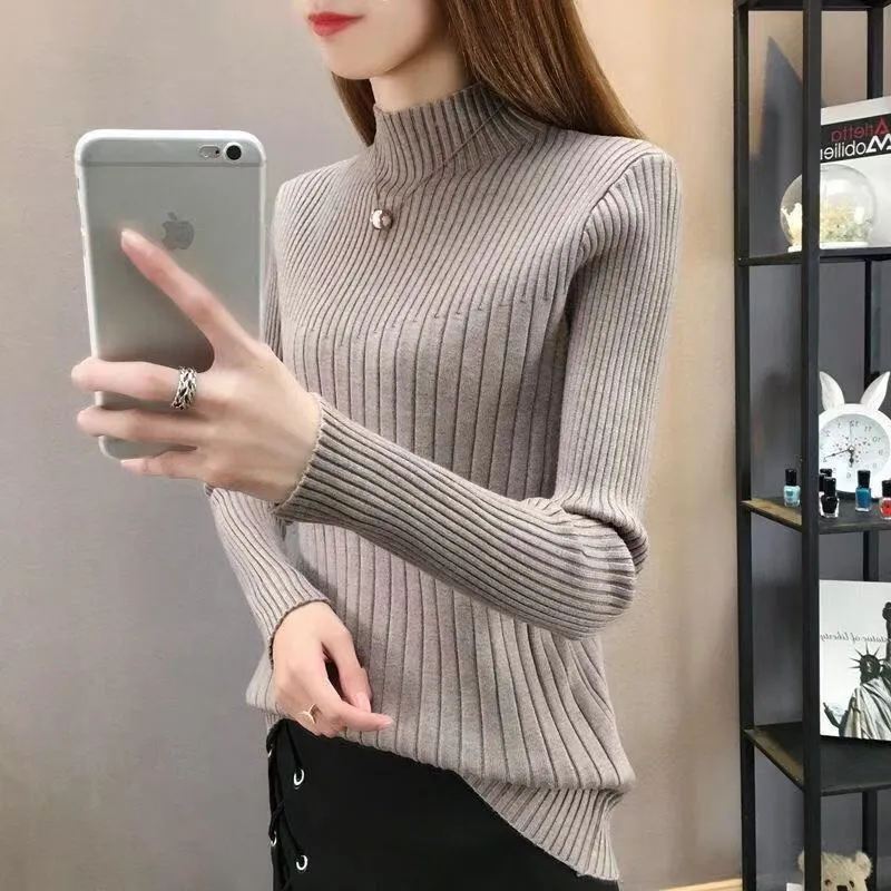Half-Height Collar Women Western Tops Slimming Slim-Look Knitted Long Sleeved Sweater