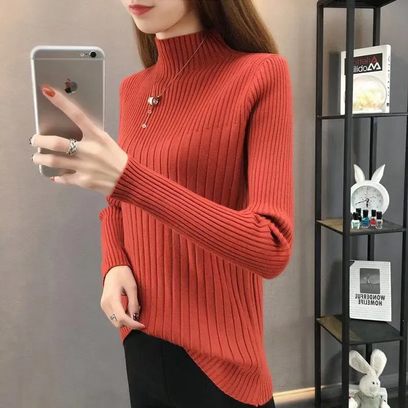Half-Height Collar Women Western Tops Slimming Slim-Look Knitted Long Sleeved Sweater
