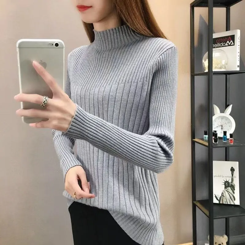 Half-Height Collar Women Western Tops Slimming Slim-Look Knitted Long Sleeved Sweater
