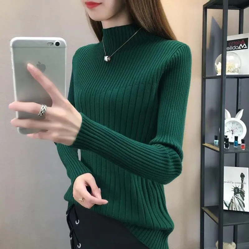 Half-Height Collar Women Western Tops Slimming Slim-Look Knitted Long Sleeved Sweater