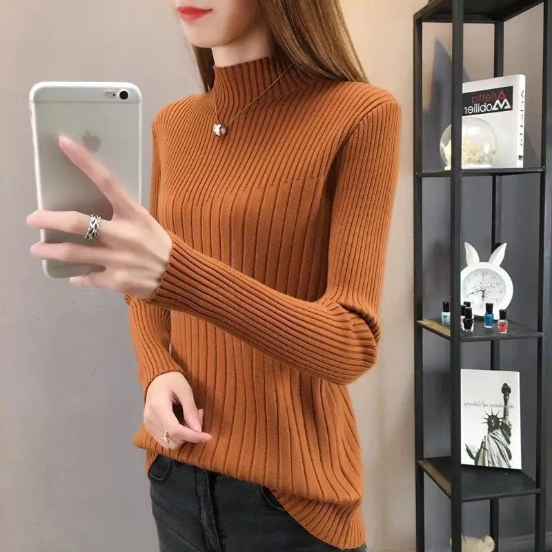 Half-Height Collar Women Western Tops Slimming Slim-Look Knitted Long Sleeved Sweater